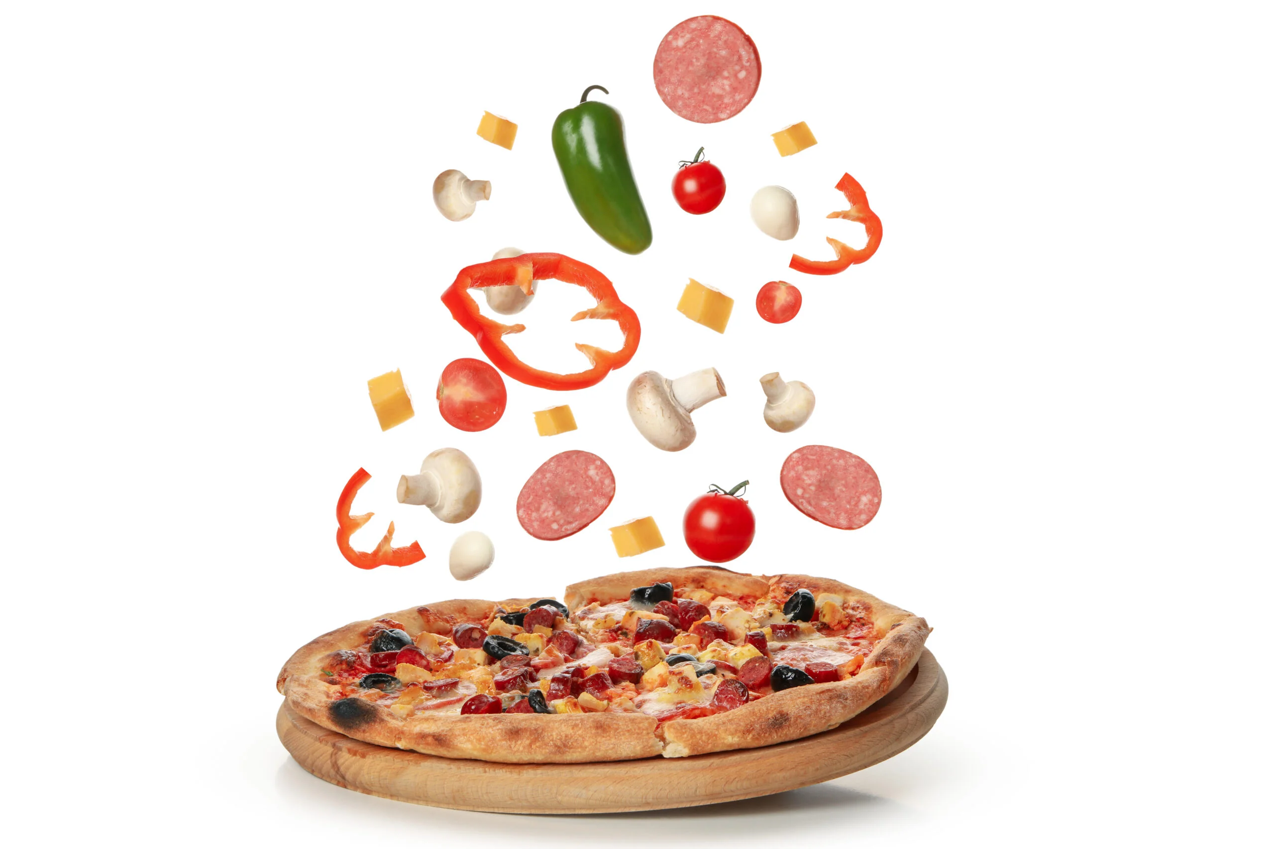 Tasty pizza and ingredients isolated on white background